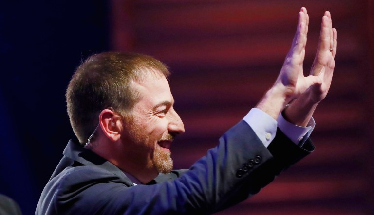 Chuck Todd, NBC News Political Director, and Rachel Maddow, MSNBC host, call for a pause during a Democratic primary debate hosted by NBC News at the Adrienne Arsht Center for the Performing Art, Wednesday, June 26, 2019, in Miami.