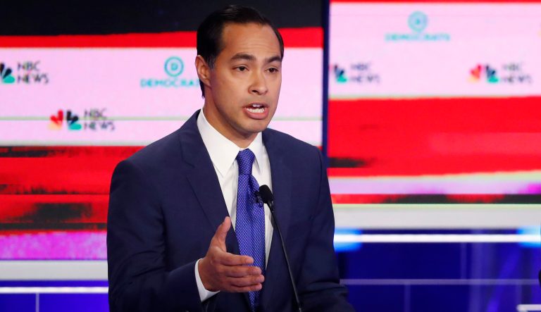 Democratic presidential candidate former Housing and Urban Development Secretary Julian Castro gestures during a Democratic primary debate hosted by NBC News at the Adrienne Arsht Center for the Performing Arts, Wednesday, June 26, 2019, in Miami. 