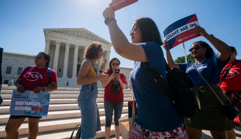 Demonstrators gather at the Supreme Court as the justices finish the term with key decisions on gerrymandering and a census case involving an attempt by the Trump administration to ask everyone about their citizenship status in the 2020 census, on Capitol Hill in Washington, Thursday, June 27, 2019. 