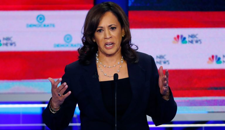 Democratic presidential candidate Sen. Kamala Harris, D-Calif., speaks during the Democratic primary debate hosted by NBC News at the Adrienne Arsht Center for the Performing Art, Thursday, June 27, 2019, in Miami. 