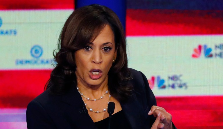 Democratic presidential candidate Sen. Kamala Harris, D-Calif., appears at the Democratic primary debate hosted by NBC News at the Adrienne Arsht Center for the Performing Arts in Miami. 