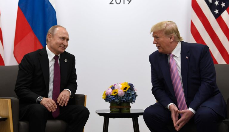 President Donald Trump, right, meets with Russian President Vladimir Putin, left, during a bilateral meeting on the sidelines of the G-20 summit in Osaka, Japan, Friday, June 28, 2019. 