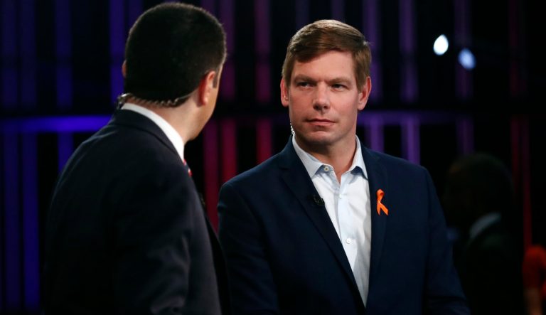 Democratic presidential candidate Rep. Eric Swalwell, D-Calif., speaks before the Democratic primary debate hosted by NBC News at the Adrienne Arsht Center for the Performing Arts, Wednesday, June 27, 2019, in Miami. 