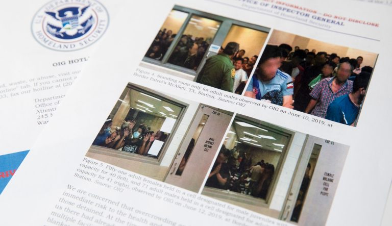 A portion of a report from government auditors reveals images of people penned into overcrowded Border Patrol facilities, photographed Tuesday, July 2, 2019, in Washington. 