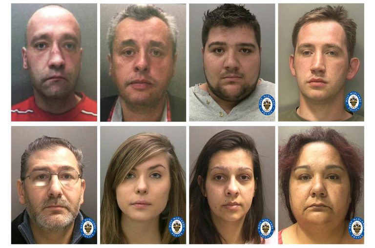 In this eight photo combo group issued Friday July 5, 2019, by Britain's West Midlands Police, showing members of a modern day slavery ring in the UK. The modern day slavery gang members originally from Poland, convicted shown are, top from left, Ignacy Brzezinski, Wojciech Nowakowski, Jan Sadowski, Marek Chowanic, and bottom from left, Marek Brzezinski, Julianna Chodakiewicz, Natalia Zmuda and Justyna Parczewska. Reporting restrictions were lifted Friday, July 5, 2019, allowing details to be published about the group who have left more than 400 victims.
