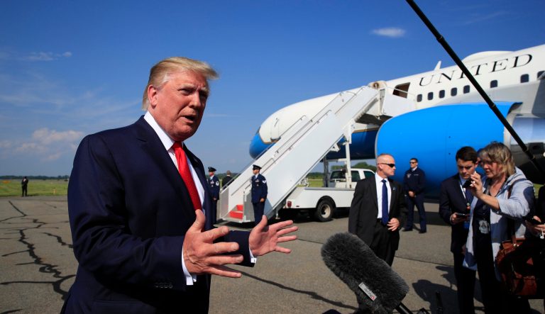 President Donald Trump speaks at Morristown Municipal Airport in Morristown, N.J., on their way returning back to the White House Sunday, July 7, 2019. 