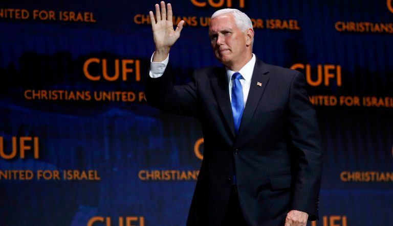 Vice President Mike Pence departs after speaking at the Christians United for Israel's annual summit, Monday, July 8, 2019, in Washington. 