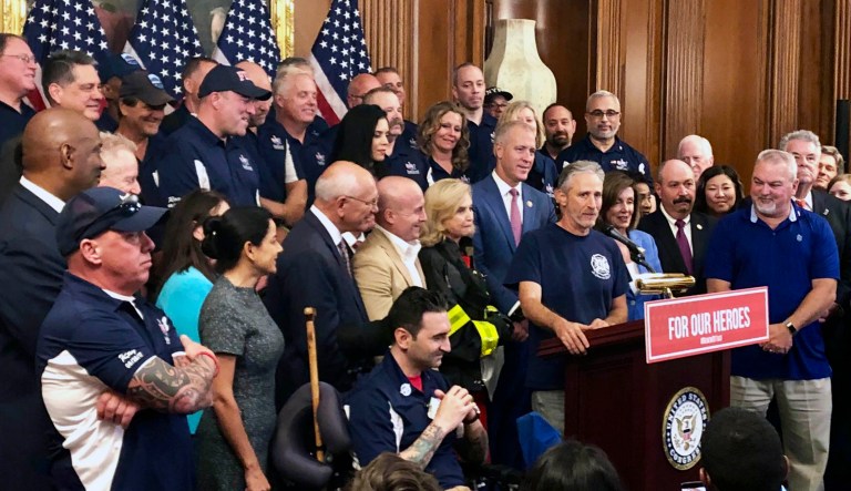 Entertainer and activist Jon Stewart, speaks at a news conference on behalf of 9/11 victims and families at the Capitol in Washington.