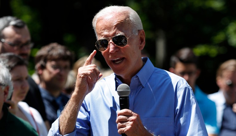 Former Vice President and Democratic presidential candidate Joe Biden speaks at a house party campaign stop.
