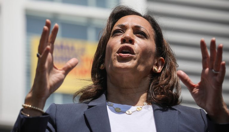 Supporters applaud as Democratic presidential candidate, U.S. Sen. Kamala Harris, D-Calif., speaks at a house party in Gilford, N.H., Sunday, July 14, 2019. 