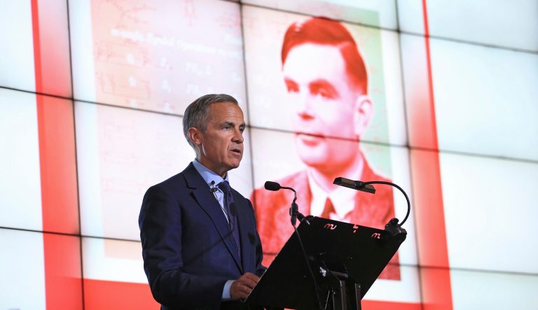 Governor of the Bank of England, Mark Carney speaks, during the announcement that Second World War code-breaker Alan Turing has been selected to feature on the new 50 pound notes, at the Science and Industry Museum, in Manchester, England, Monday July 15, 2019.