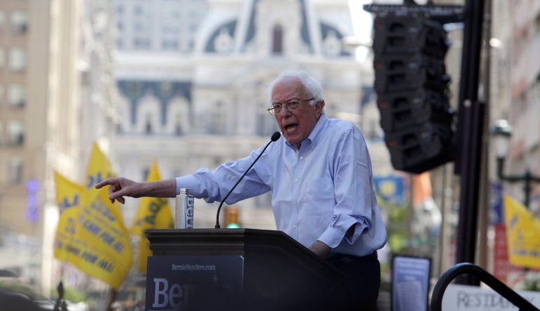 Democratic presidential candidate Bernie Sanders, I-Vt., delivers remarks at a rally alongside unions, hospital workers and community members against the closure of Hahnemann University Hospital in Philadelphia, Monday July 15, 2019. 