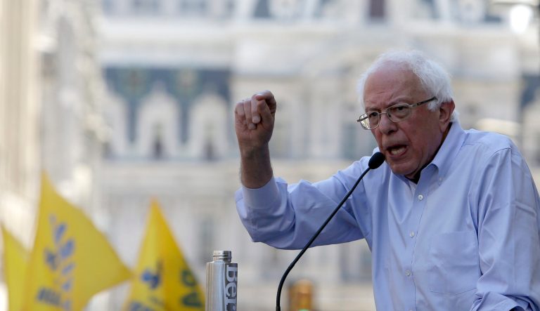 Democratic presidential candidate Bernie Sanders, I-Vt., participates in a rally alongside unions, hospital workers and community members against the closure of Hahnemann University Hospital in PhiladelphiaMonday July 15, 2019. 