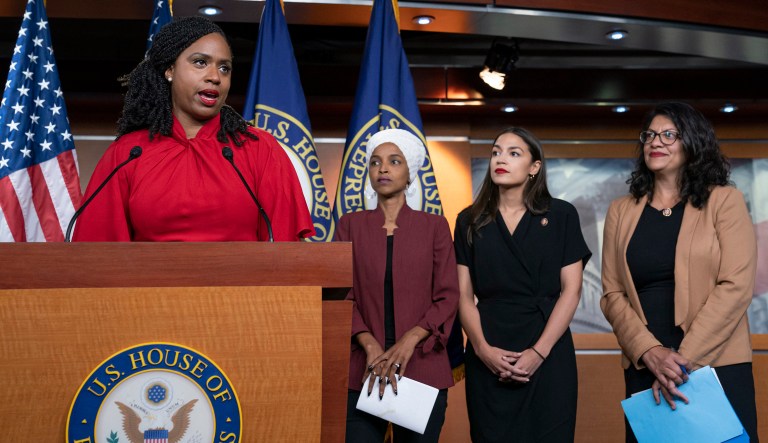 From left, Rep. Ayanna Pressley, D-Mass., Rep. Ilhan Omar, D-Minn., Rep. Alexandria Ocasio-Cortez, D-N.Y., and Rep. Rashida Tlaib, D-Mich., respond to remarks by President Donald Trump after his call for the four Democratic congresswomen to go back to their "broken" countries, during a news conference at the Capitol in Washington. All are American citizens, and three of the four were born in the U.S.