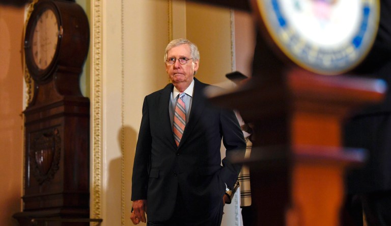 Senate Majority Leader Mitch McConnell of Kentucky speaks at an event.
