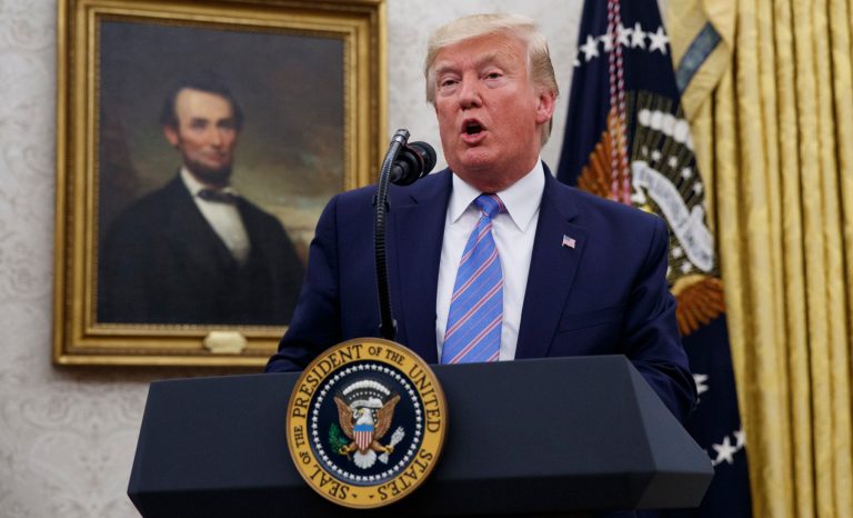 President Donald Trump speaks during a ceremony in the Oval Office of the White House where Mark Esper is sworn in as the Secretary of Defense in Washington, Tuesday, July 23, 2019. 