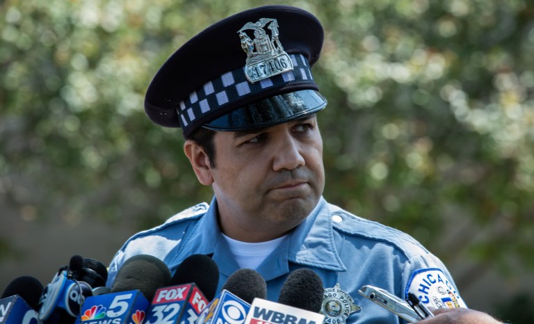Chicago police officer Jose Jara talks to the media outside a police station  in Chicago on Wednesday, July 24, 2019. 