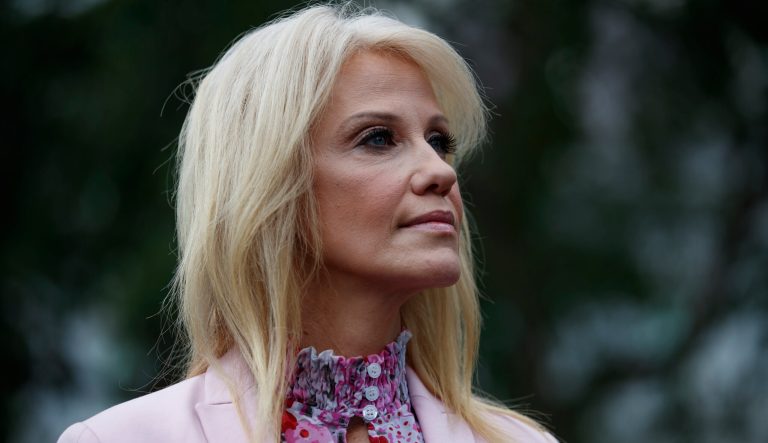 Counselor to the President Kellyanne Conway pauses as she speaks to media outside the West Wing of the White House in Washington, Thursday, July 25, 2019. 