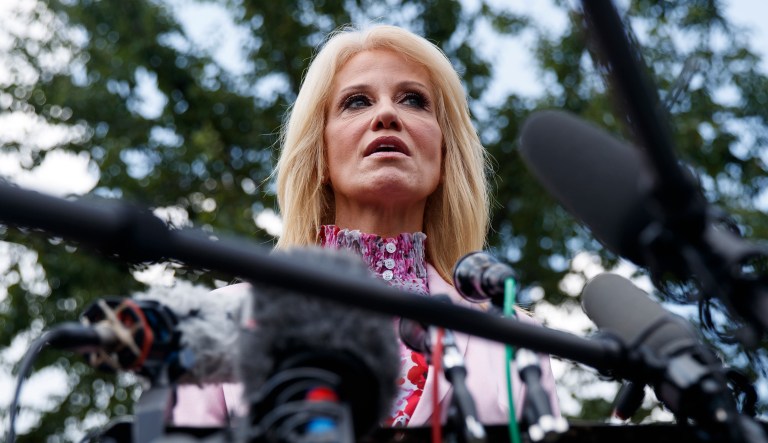 Counselor to the President Kellyanne Conway speaks to media outside the West Wing of the White House in Washington.