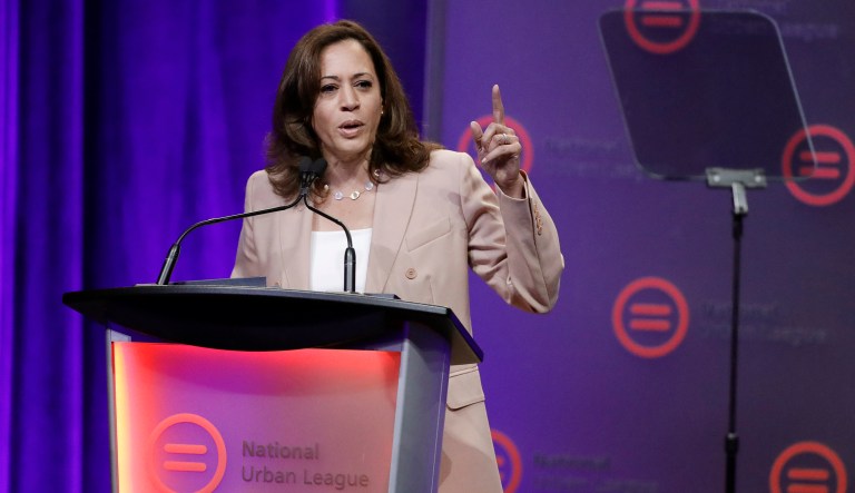 Democratic presidential candidate, Sen. Kamala Harris, D-California, speaks.
