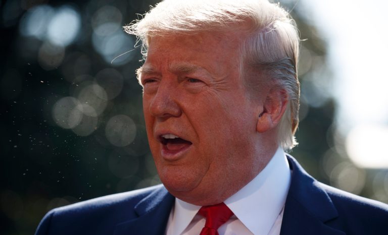 President Donald Trump talks with reporters before departing for an event to celebrate the 400th anniversary celebration of the first representative assembly at Jamestown, on the South Lawn of the White House, Tuesday, July 30, 2019, in Washington. 