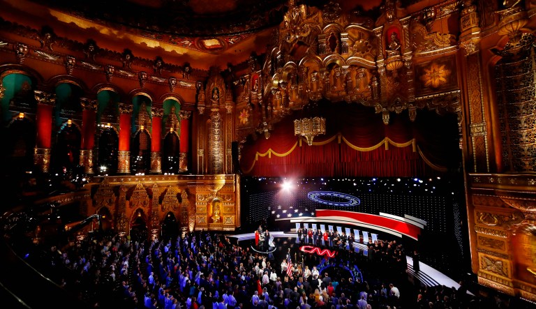 Candidates take the stage for the first of two Democratic presidential primary debates hosted by CNN in the Fox Theatre in Detroit. 