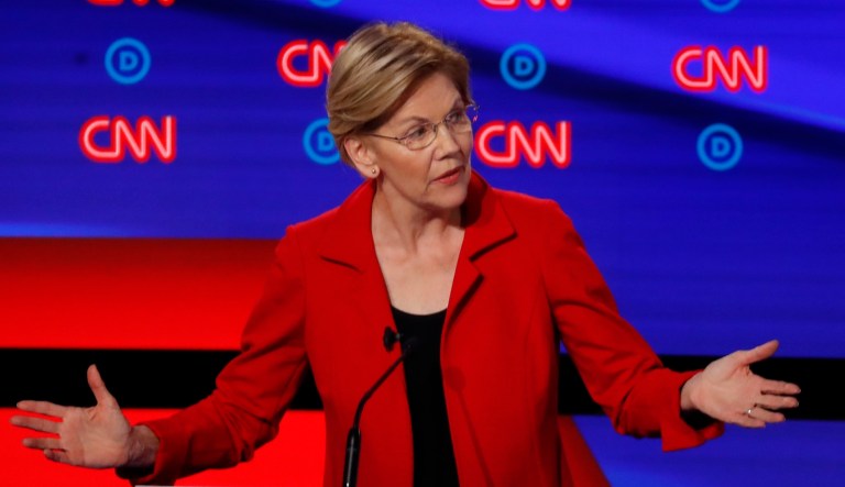 Sen. Elizabeth Warren, D-Mass., participates in the first of two Democratic presidential primary debates hosted by CNN Tuesday, July 30, 2019, in the Fox Theatre in Detroit. 