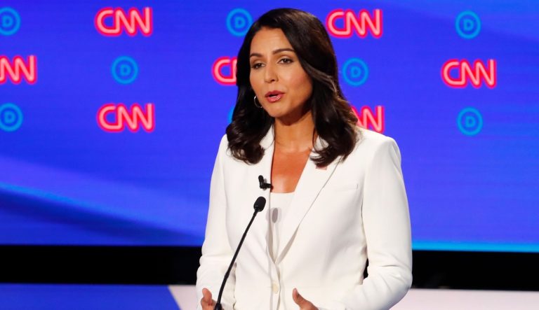 Rep. Tulsi Gabbard, D-Hawaii, participates in the second of two Democratic presidential primary debates hosted by CNN Wednesday, July 31, 2019, in the Fox Theatre in Detroit. 