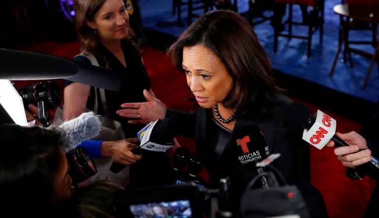 Sen. Kamala Harris, D-California, answers questions after a Democratic debate.