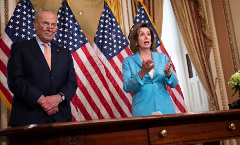 Senate Minority Leader Chuck Schumer, D-N.Y., left, joins Speaker of the House Nancy Pelosi, D-Calif., at the Capitol in Washington, Thursday, Aug. 1, 2019. 