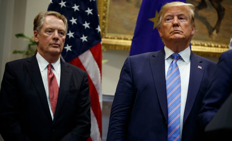 President Donald Trump stands with U.S. Trade Representative Robert Lighthizer during an event about expanding U.S. beef exports to the European Union, in the Roosevelt Room of the White House, Friday, Aug. 2, 2019, in Washington. 