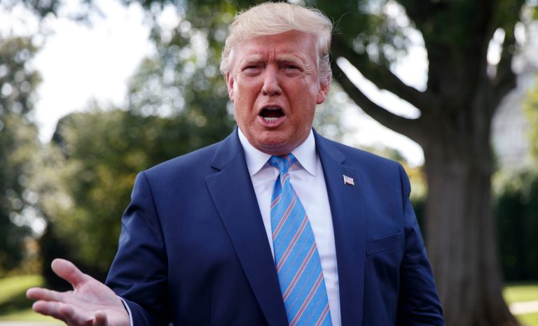 President Donald Trump speaks to the media before leaving the White House in Washington, Friday, Aug. 2, 2019, for the short trip to Andrews Air Force Base, Md., and onto his Bedminster, N.J., golf club. 