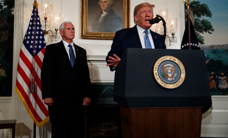Vice President Mike Pence listens as President Donald Trump speaks about the mass shootings in El Paso, Texas and Dayton, Ohio, in the Diplomatic Reception Room of the White House, Monday, Aug. 5, 2019, in Washington. Vice President Mike Pence is left.