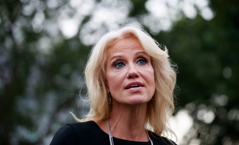 Counselor to the President Kellyanne Conway speaks with reporters at the White House, Monday, Aug. 5, 2019, in Washington. 