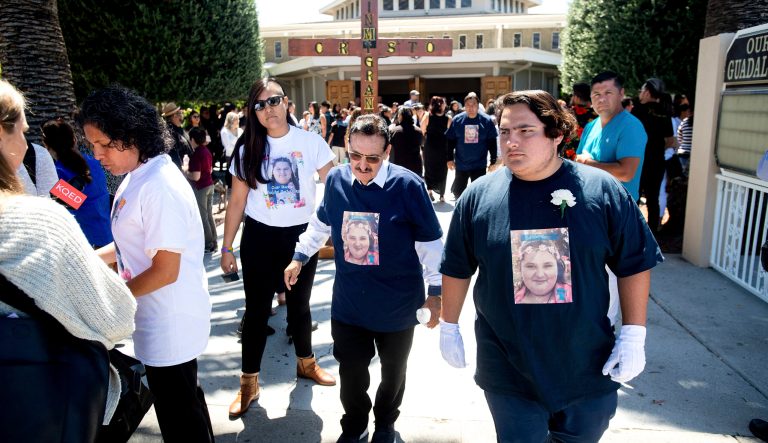 Mourners leave a funeral for Keyla Salazar, 13, on Tuesday, Aug. 6, 2019, in San Jose, Calif. Salazar and two others were killed when a gunman opened fire at the Gilroy Garlic Festival July 28. 