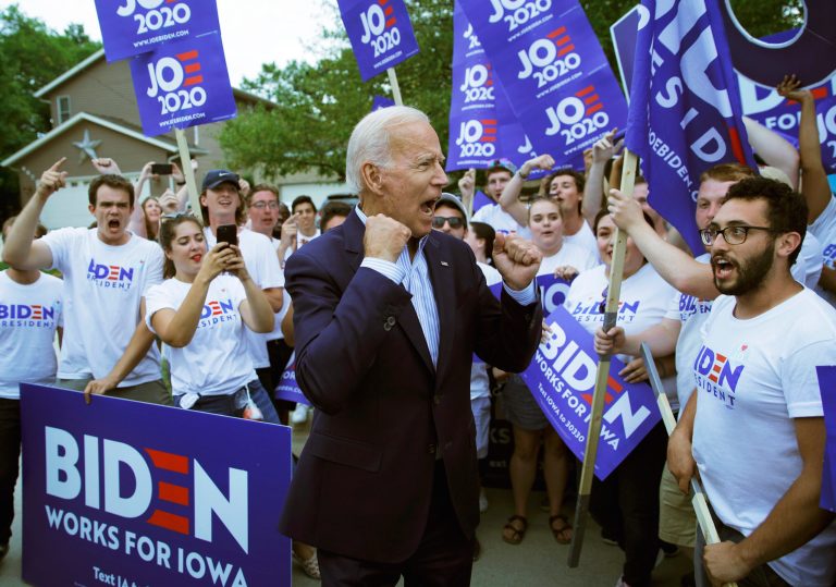 Supporters like Democratic presidential candidate Joe Biden's new angry approach. Here he meets with supporters before speaking at the Iowa Democratic Wing Ding at the Surf Ballroom, Friday, Aug. 9, 2019, in Clear Lake, Iowa.