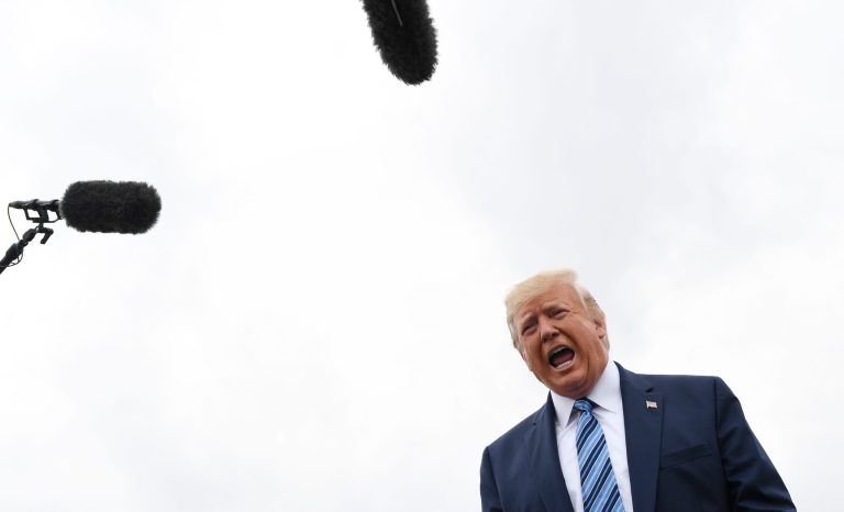 President Donald Trump talks to the media before boarding Air Force One at Morristown Municipal Airport in Morristown, N.J., Tuesday, Aug. 16, 2019. Trump is heading to Monaca, Pa., to tour Shell's soon-to-be completed Pennsylvania Petrochemicals Complex, which critics claim will become the largest air polluter in western Pennsylvania.