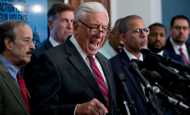 House Majority Leader Steny Hoyer of Md., center, accompanied by Rep. Eliot Engel, D-N.Y., left, Rep. Don Beyer, D-Va., second from left, Rep. Anthony Brown, D-Md., fourth from left, and others, speaks at a news conference calling for Senate action on H.R. 8 - Bipartisan Background Checks Act of 2019 on Capitol Hill in Washington, Tuesday, Aug. 13, 2019. 