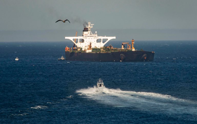 A supertanker hosting an Iranian flag is seen on the water in the British territory of Gibraltar, Sunday, Aug. 18, 2019.  