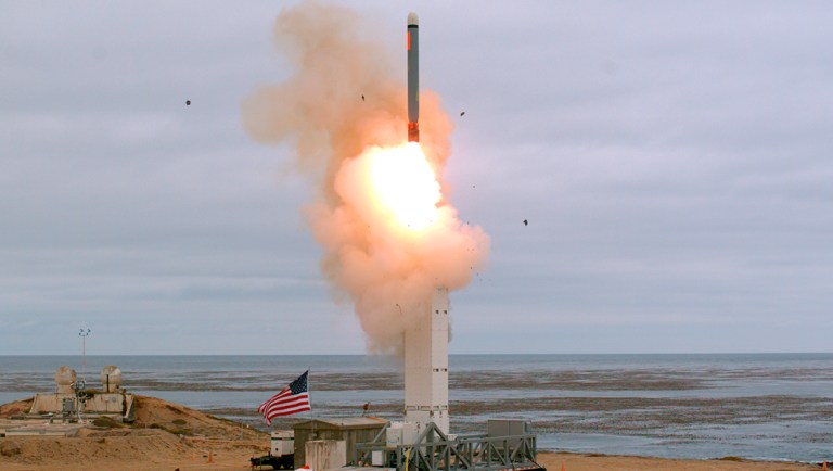 This Sunday, Aug. 18, 2019 photoprovided by the U.S. Defense Department shows the launch of a conventionally configured ground-launched cruise missile on San Nicolas Island off the coast of California. The Pentagon said Monday the U.S. military has conducted a flight test of a type of missile banned for more than 30 years by a treaty that both the United States and Russia abandoned this month. The test off the coast of California on Sunday marks the resumption of an arms competition that some analysts worry could increase U.S.-Russian tensions. (Scott Howe/U.S. Defense Department via AP)