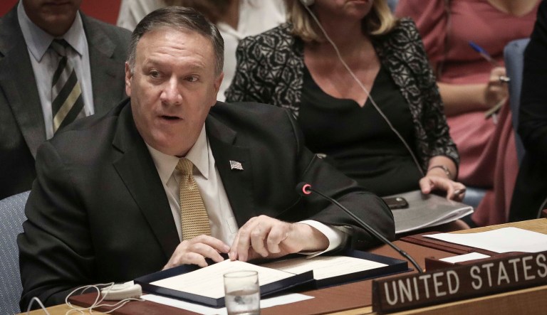 United States Secretary of State Mike Pompeo addresses a meeting of the United Nations Security Council on the Mideast, Tuesday Aug. 20, 2019 at U.N. headquarters.