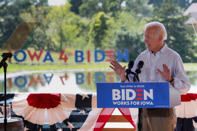 Democratic presidential candidate former Vice President Joe Biden speaks during a community event, Tuesday, Aug. 20, 2019, in Prole, Iowa. (AP Photo/Charlie Neibergall)