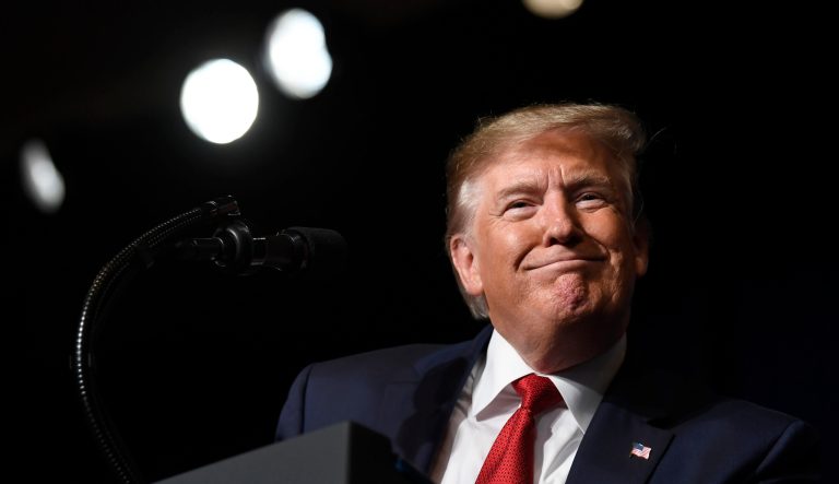 President Donald Trump speaks at the American Veterans 75th National Convention in Louisville, Ky., Wednesday, Aug. 21, 2019. 