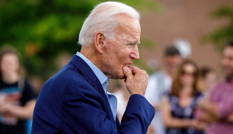 Democratic presidential candidate former Vice President Joe Biden approaches reporters to answer questions following a campaign stop at Lindy's Diner in Keene, N.H., Saturday, Aug. 24, 2019. 