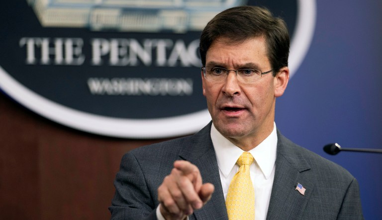 Secretary of Defense Mark Esper speaks to reporters during a briefing at the Pentagon on Wednesday.