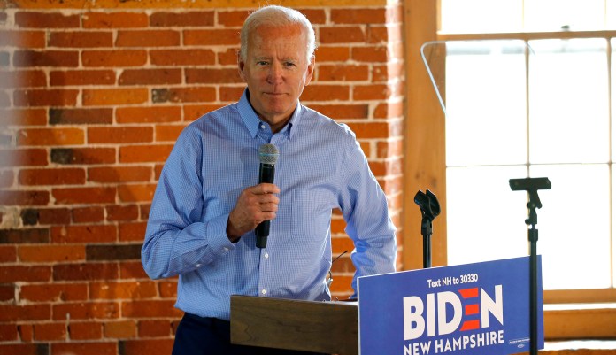 Democratic presidential candidate former Vice President Joe Biden pauses before speaking during a campaign stop.