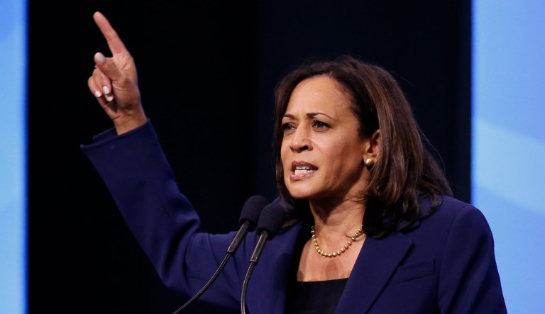 Democratic presidential candidate Sen. Kamala Harris, D-California, speaks.