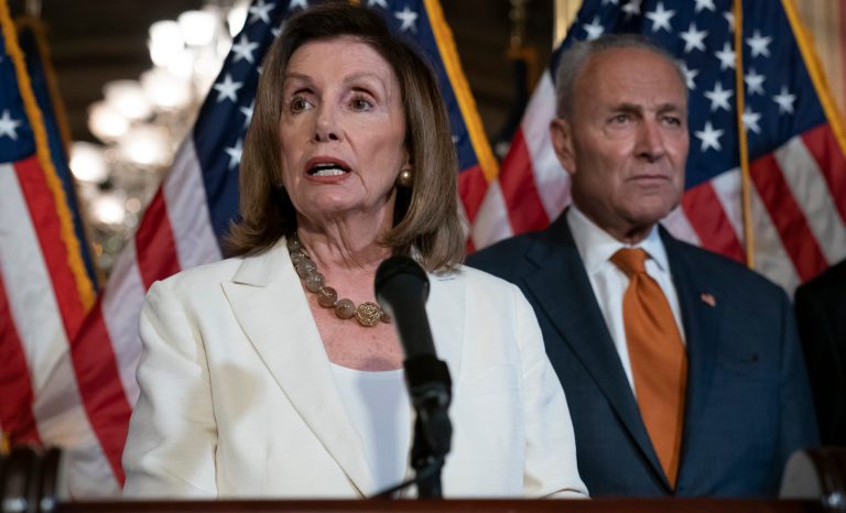 Speaker of the House Nancy Pelosi, D-Calif., joined at right by Senate Minority Leader Chuck Schumer, D-N.Y., calls for a Senate vote on the House-passed Bipartisan Background Checks Act as Congress returns for the fall session at the Capitol in Washington, Monday, Sept. 9, 2019. 