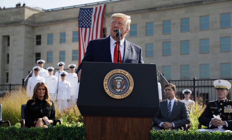 President Trump speaks during a ceremony honoring the victims of the Sept. 11 terrorist attacks, Wednesday, Sept. 11, 2019, at the Pentagon. 