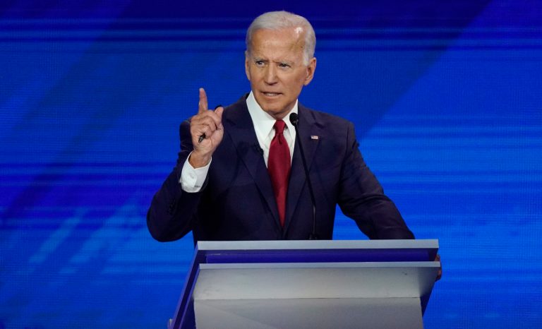 Former Vice President Joe Biden responds to a question Thursday, Sept. 12, 2019, during a Democratic presidential primary debate hosted by ABC at Texas Southern University in Houston. 